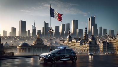 Drapeau français avec voiture de police et silhouette de la ville.