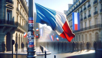 Drapeau français avec rassemblement politique et affiches de campagne