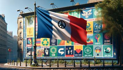 Bandiera francese con simboli progressisti e manifesti della campagna.