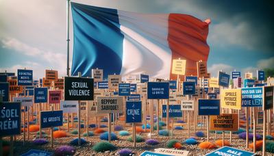 Drapeau français avec des pancartes de protestation contre les violences sexuelles.