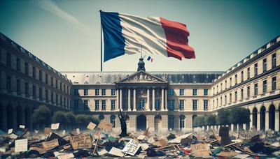 Drapeau français avec des pancartes de protestation et bâtiment gouvernemental