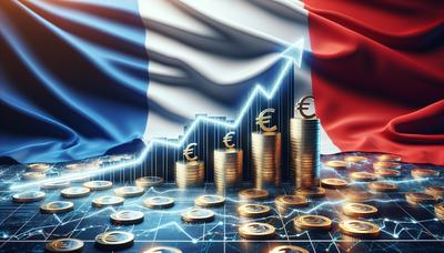 Drapeau français avec graphique économique en hausse et symboles euro.