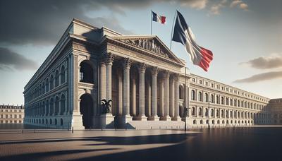 Drapeau français avec l'ombre d'un bâtiment gouvernemental qui se profile