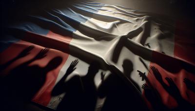 Drapeau français avec ombre de tension politique.