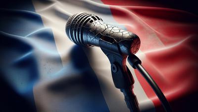 Drapeau français avec des ombres et un microphone fissuré.