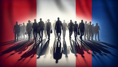 Drapeau français avec des silhouettes représentant la lutte politique.