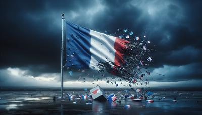 Bandera francesa con símbolos electorales rotos y cielo tormentoso