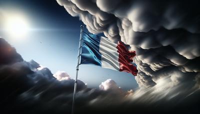 Drapeau français avec des nuages sombres et orageux au-dessus.