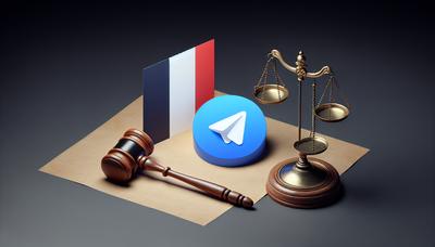 Drapeau français avec le logo de Telegram et un marteau de tribunal