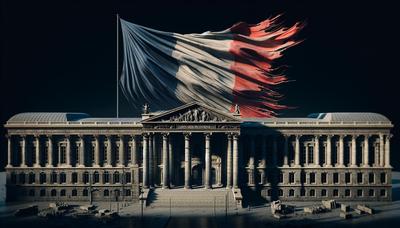 Drapeau français avec bords déchirés sur un bâtiment gouvernemental ombragé.