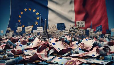 Drapeau français avec des billets d'euro déchirés et des pancartes de protestation.