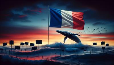 Drapeau français avec une silhouette de baleine et des pancartes de protestation.