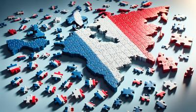 Drapeaux français et pièces de puzzle brisées sur une carte.