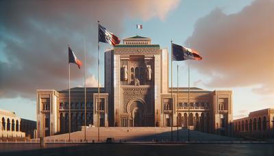 Drapeaux français et bâtiment du Parlement marocain au coucher du soleil.