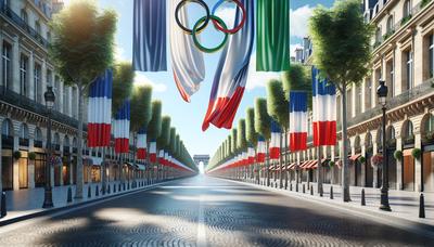 Drapeaux français et anneaux olympiques ornant les Champs-Élysées.