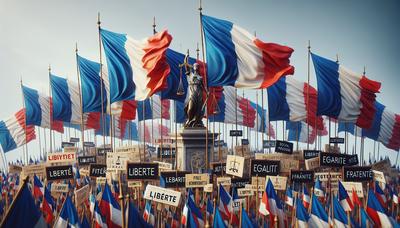 フランスの旗と民主主義や社会進歩を求める抗議の看板が掲げられています。

