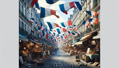 Drapeaux français et pancartes de protestation dans une rue bondée.