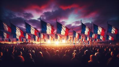 Drapeaux français lors d'un rassemblement politique au crépuscule.