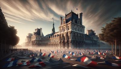 Drapeaux français lors d'une manifestation devant des bâtiments gouvernementaux.