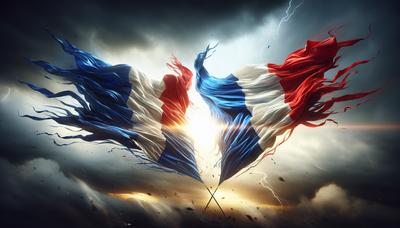'Bandiere francesi che si scontrano simbolo di lotta politica.'