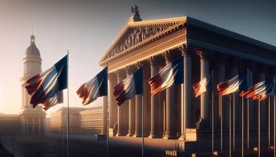 Drapeaux français devant le bâtiment gouvernemental au crépuscule.