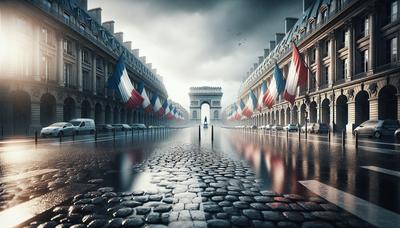 Drapeaux français sous la pluie sur une grande place urbaine