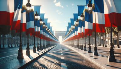 Drapeaux français alignés sur les Champs-Élysées en célébration.