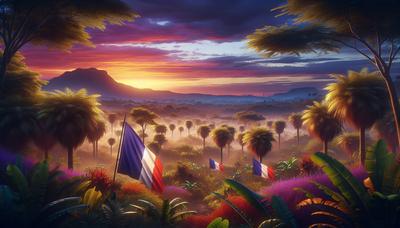 Drapeaux français abaissés près du coucher de soleil sur le paysage d'Afrique de l'Ouest