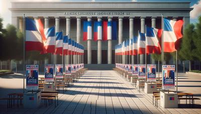 Drapeaux français devant le bâtiment gouvernemental avec des affiches de candidats.