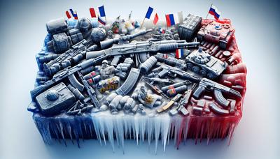 Drapeaux français superposés sur des avoirs russes gelés et des armes