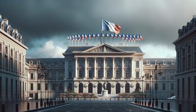 Drapeaux français entourant un bâtiment gouvernemental avec un ciel nuageux.