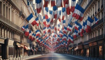 Drapeaux français flottant dans une rue bondée de Paris.