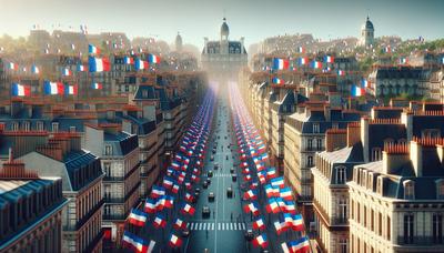 'Drapeaux français flottant dans les rues bondées de la ville en protestation.'