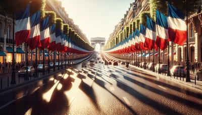 Des drapeaux français flottant sur les Champs-Élysées bondés.