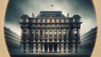 Bâtiment gouvernemental français avec une atmosphère de tension politique.