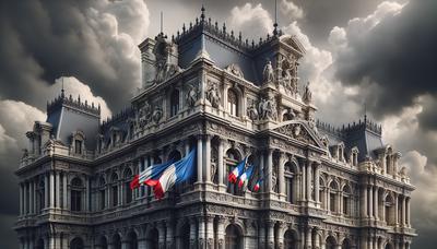 Bâtiment du gouvernement français avec des drapeaux et un ciel nuageux.