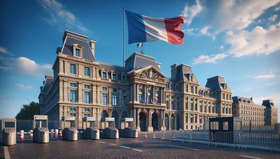 Bâtiment gouvernemental français avec drapeau français et sécurité renforcée