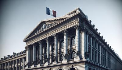 Bâtiment du gouvernement français avec drapeau français en berne.