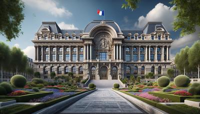 Bâtiment gouvernemental français avec le drapeau français flottant haut.