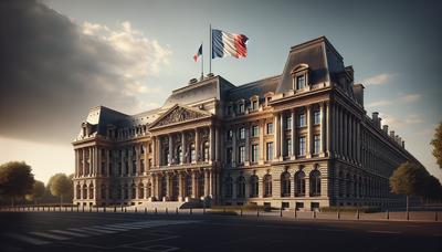 Bâtiment gouvernemental français avec drapeau français flottant à l'extérieur.