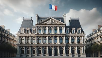 Bâtiment gouvernemental français avec drapeau français flottant.