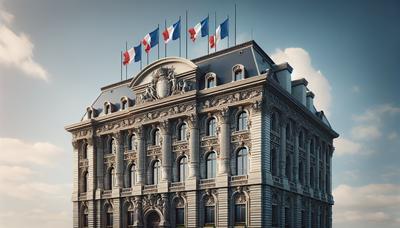 Bâtiment gouvernemental français avec des drapeaux français flottant.