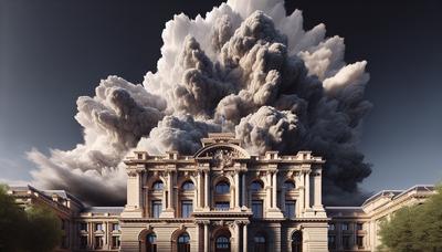 Bâtiment du gouvernement français avec des nuages sombres menaçants.