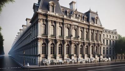 Bâtiment gouvernemental français avec des pancartes de protestation à l'extérieur.