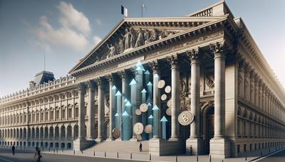 Bâtiment gouvernemental français avec des symboles de taxes en hausse.