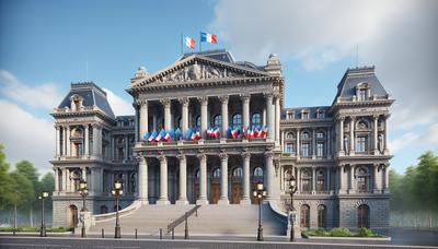 Bâtiment gouvernemental français avec des drapeaux tricolores flottant.