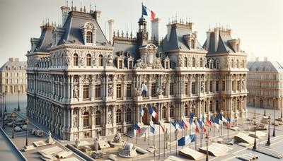 Bâtiments gouvernementaux français avec des drapeaux et des documents officiels.