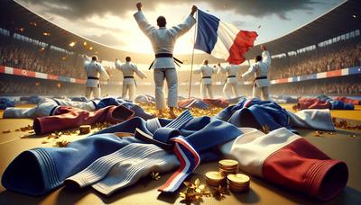 Équipe française de judo célébrant la victoire avec des drapeaux levés.