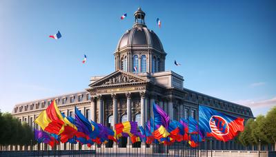 Drapeaux des partis de gauche français devant un bâtiment gouvernemental.