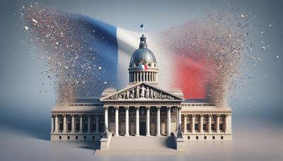 Bâtiment de l'Assemblée nationale française avec un drapeau dissous en arrière-plan